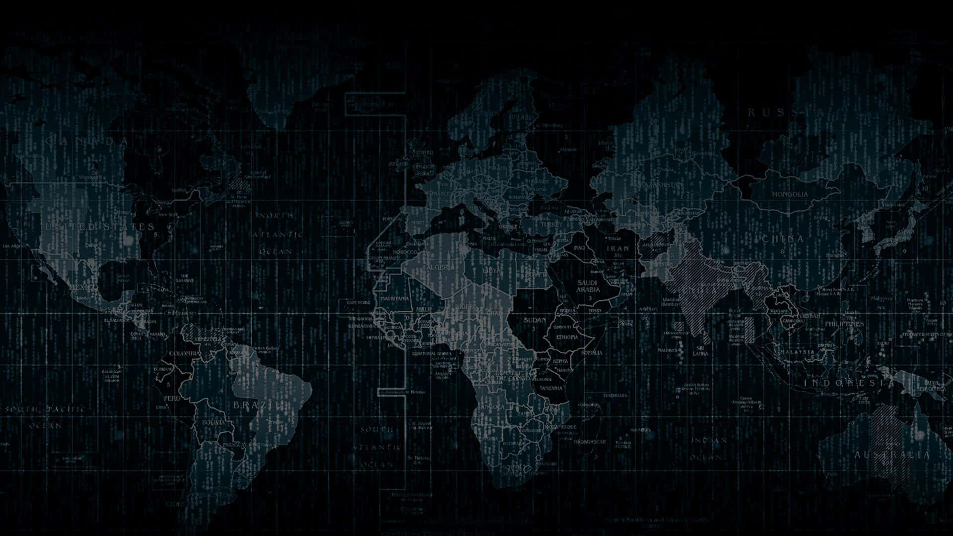 Mapa mundial oscuro con líneas de cuadrícula digitales azules brillantes y tenues etiquetas de países. — Seguridad Imágenes