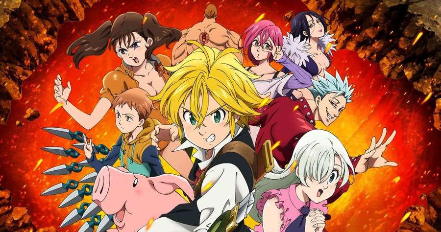 Anime-hahmot toiminta-asennossa puhkeamassa tulisen kiven läpi. — Seitsemän kuolemansyntiä Taustakuvat
