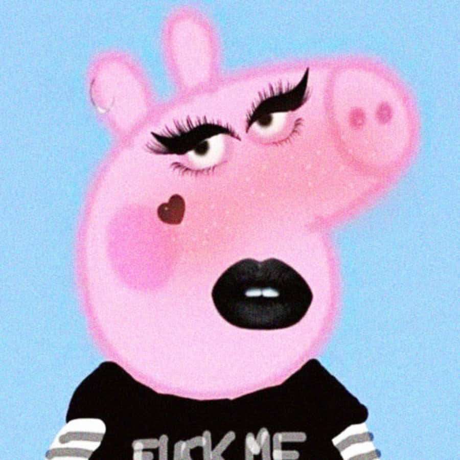Porco rosa de desenho animado com maquiagem dramática e lábios ousados ​​usando uma camisa preta. — Selvagem Papéis de Parede
