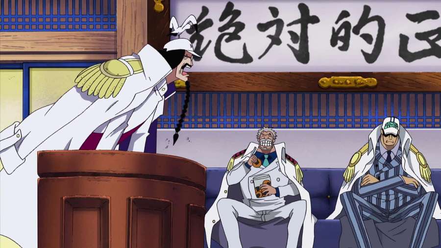 Three anime officers in white uniforms one shouting from a podium two seated calmly behind him. — Sengoku Wallpaper