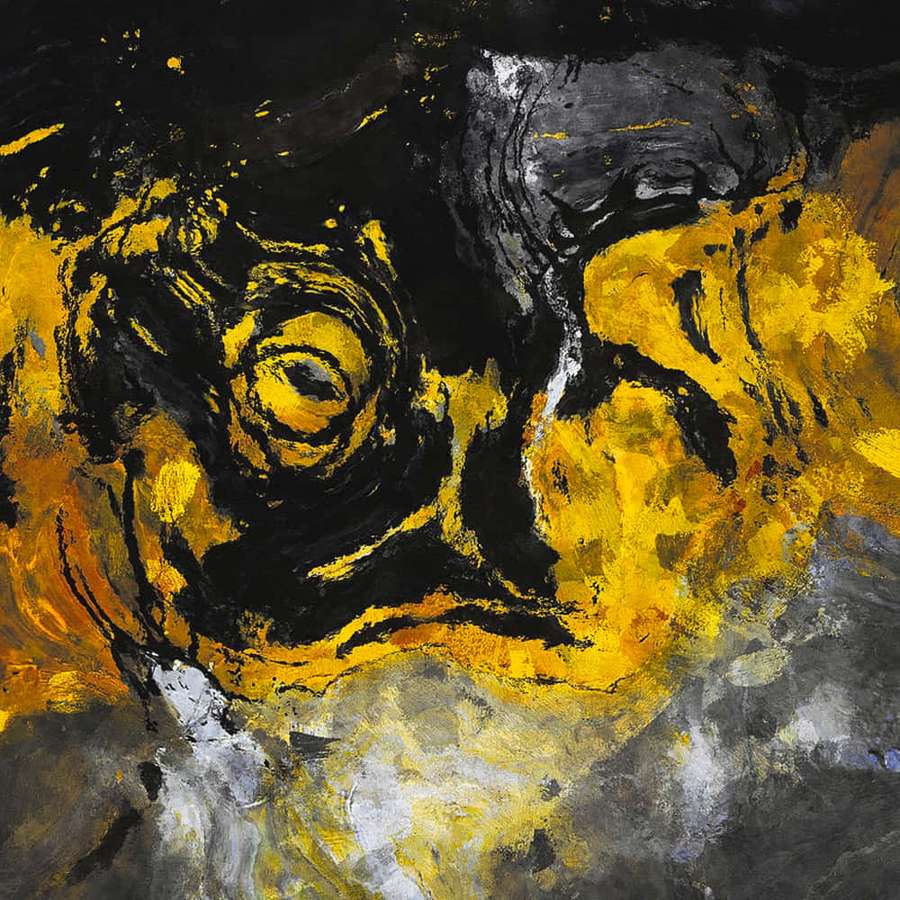 Karya seni abstrak dengan tekstur cat kuning, hitam, dan abu-abu yang berputar. — Seni Kuning Wallpaper