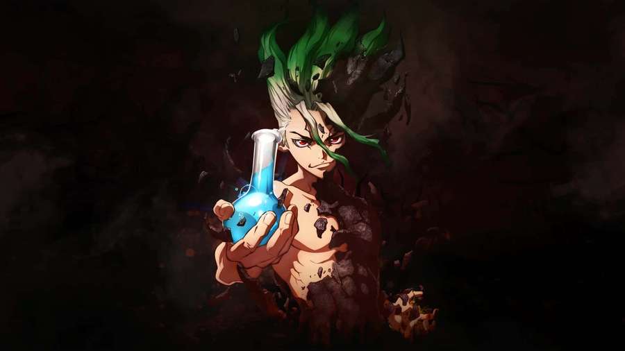 Anime character with green hair holding a glowing blue potion in a dark setting. — Senku Ishigami Wallpaper