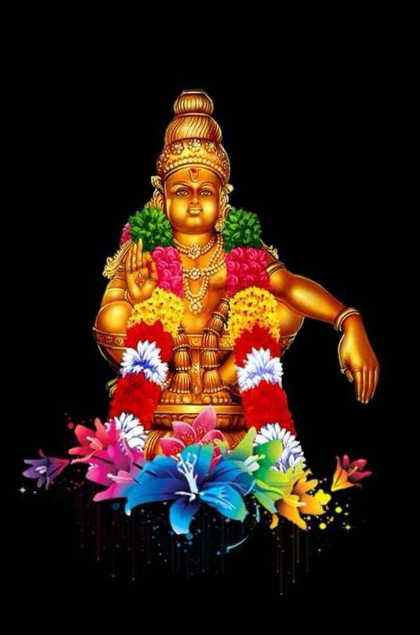 Deidad dorada rodeada de flores coloridas sobre fondo negro — Señor Ayyappa Fondos de pantalla