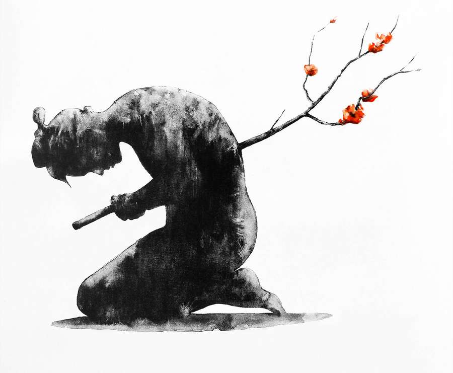 A kneeling figure with a branch of red blossoms growing from its back in watercolor style. — Seppuku Wallpaper