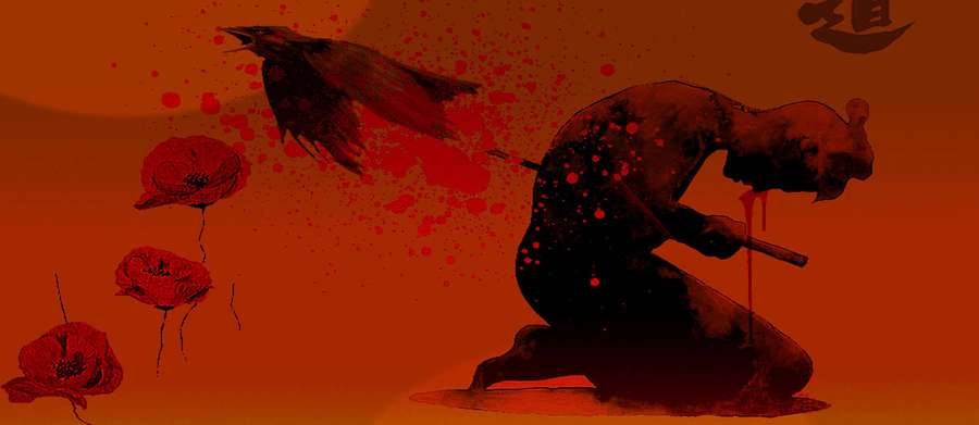 A kneeling warrior with blood splatters and a crow flying amid red poppies against a fiery orange backdrop. — Seppuku Background