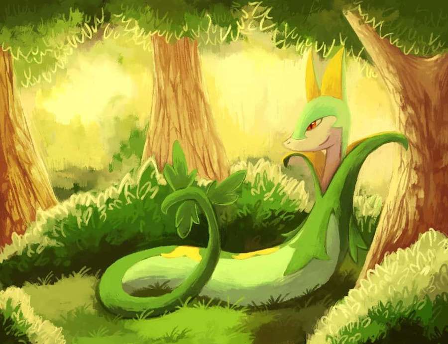 Green dragon-like creature resting in a sunlit forest with trees and foliage. — Serperior Wallpaper