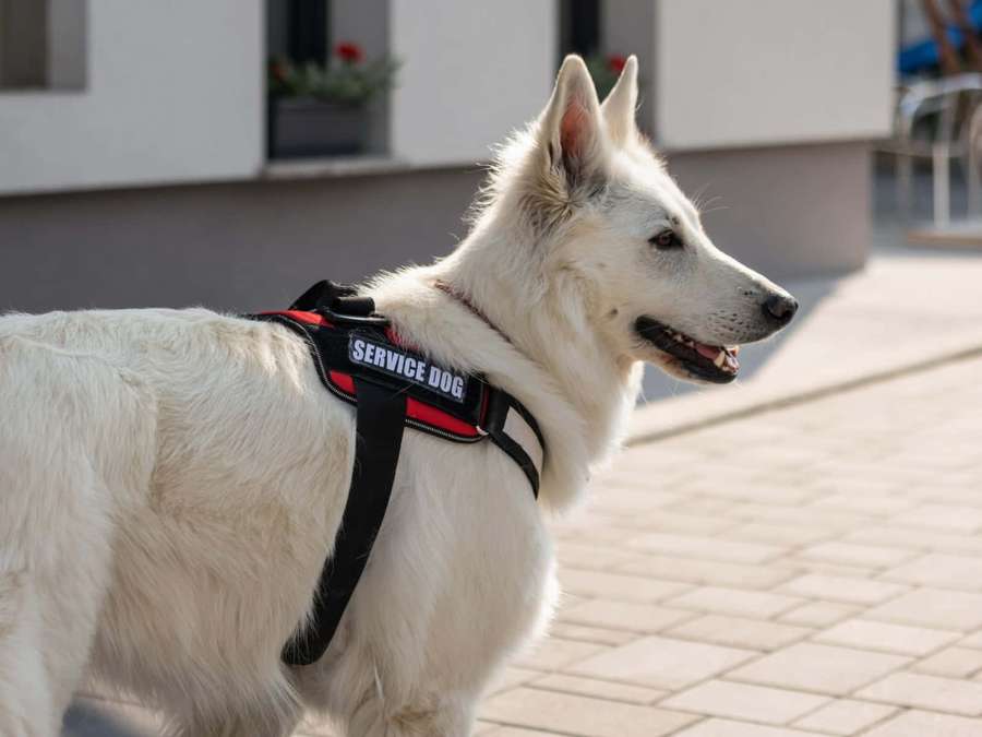 White service dog in harness standing on paved sidewalk near building — Service Dog Wallpaper
