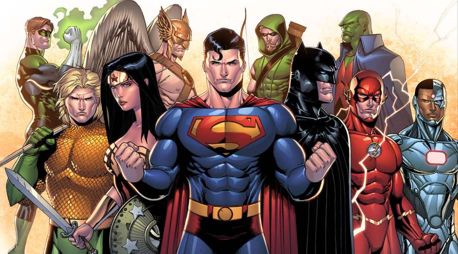 Grupo de super-heróis famosos em estilo de quadrinhos posando heroicamente. — Seta verde Papéis de Parede