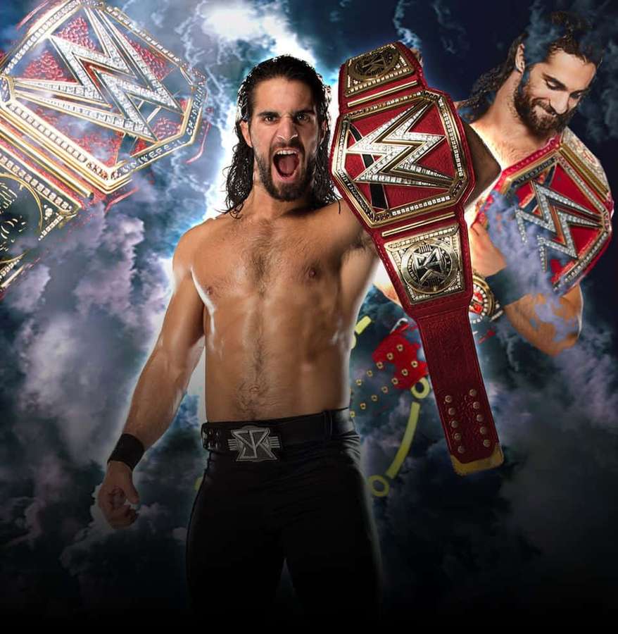 Wrestler holding WWE championship belt against stormy sky with reflection. — Seth rollins Wallpaper
