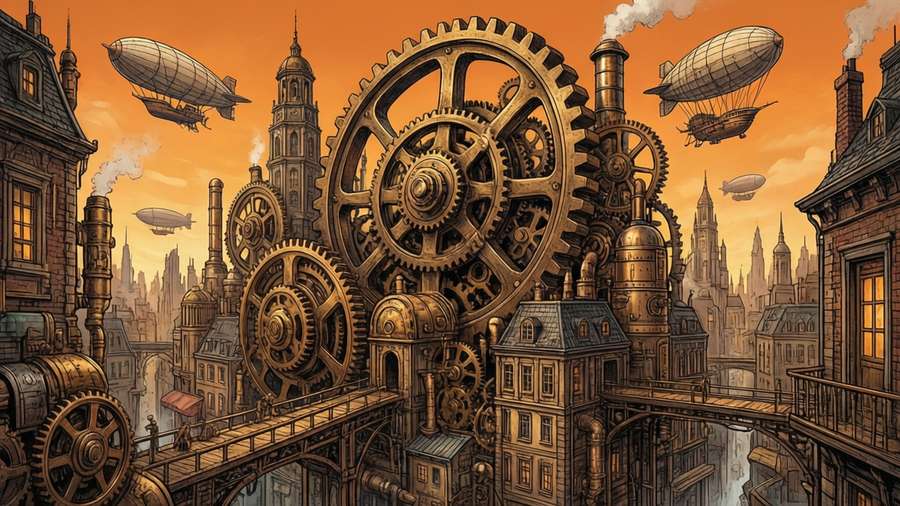 Detailed steampunk cityscape wallpaper with giant gears and zeppelins. — Settings Wallpaper
