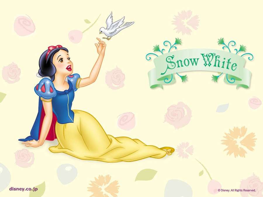Snow White kneeling with a dove on her finger surrounded by flowers. — Seven Dwarfs Background