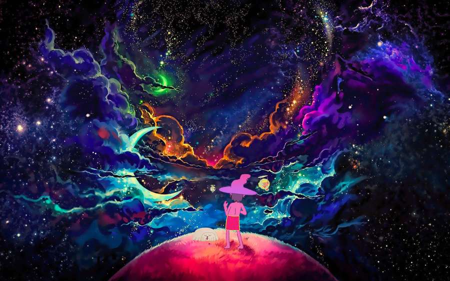Una minuscola persona con un cappello rosa guarda un cielo cosmico colorato dalla cima di un pianeta luminoso. — Sfondo evangelico Sfondi