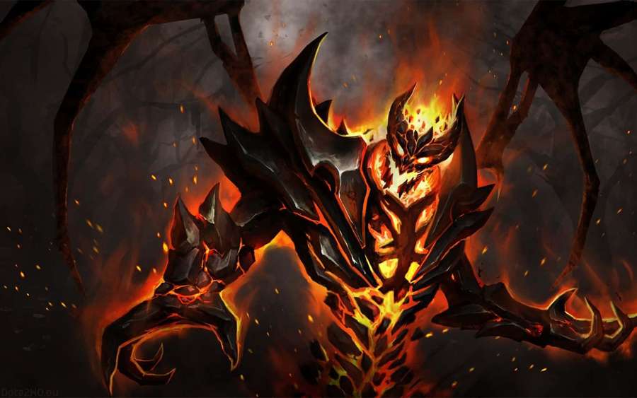 Fiery demonic creature with glowing eyes and molten armor in dark fantasy setting — Shadow Fiend Wallpaper