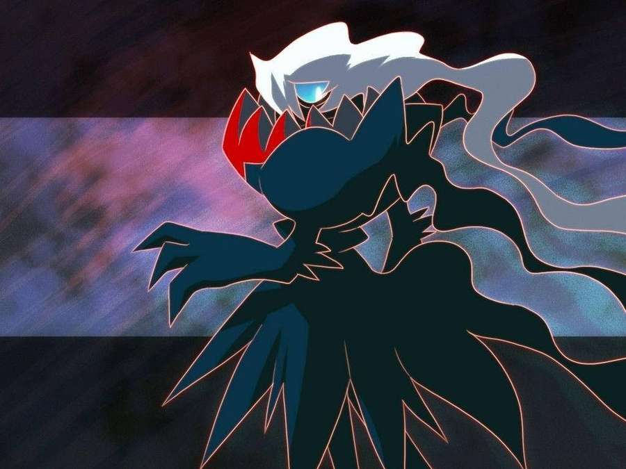 A dark blue anime monster with glowing eyes and white hair against a cosmic swirl background. — Shadowbringers Background
