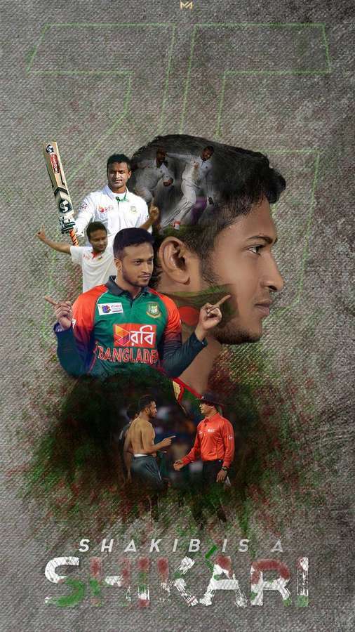 Collage of cricketer Shakib Al Hasan in action poses with team and match scenes. — Shakib Wallpaper