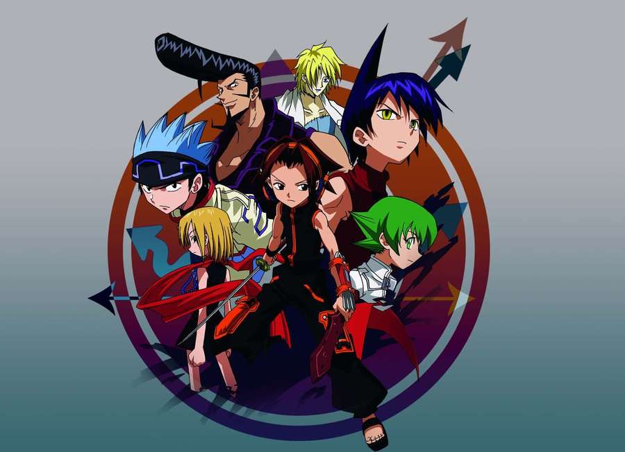 Seven anime characters with weapons in a circular emblem with arrows. — Shaman King Background