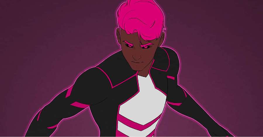 Anime character with pink hair and glowing outline in a heroic pose. — Shapeshifting Wallpaper