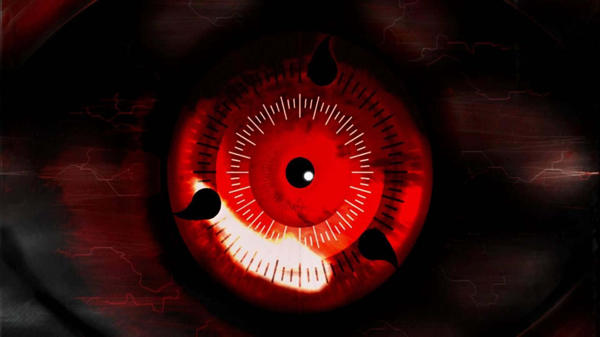 Un occhio anime rosso brillante con motivi tomoe neri e linee radiali bianche. — Sharingan Sfondi