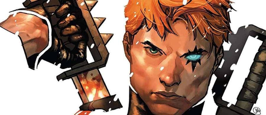 Anime warrior with orange hair and glowing blue eye gripping a flaming sword. — Shatterstar Wallpaper