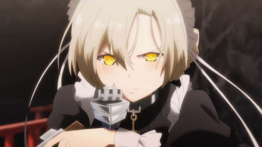 Anime girl with blonde hair and yellow eyes holding a silver mechanical device. — Sheffield Background
