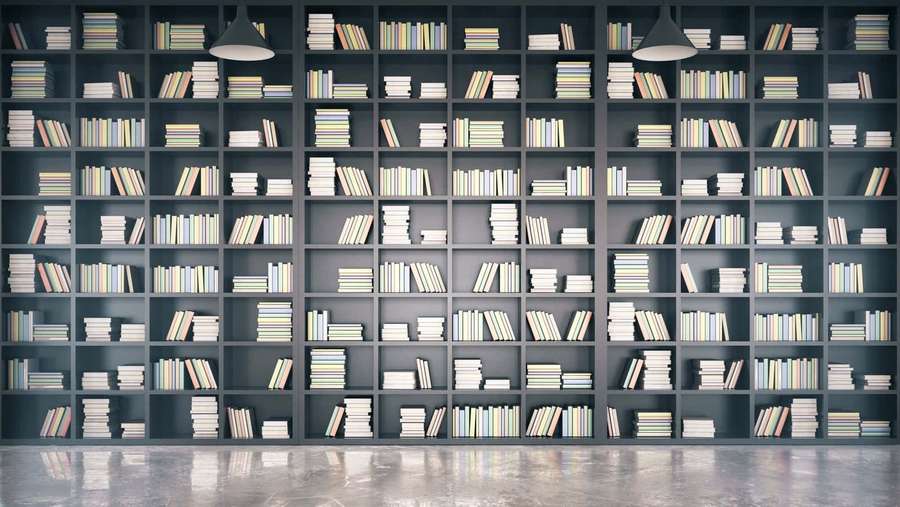 Minimalist library with dark gray bookshelves and reflective floor under pendant lights. — Shelf Background