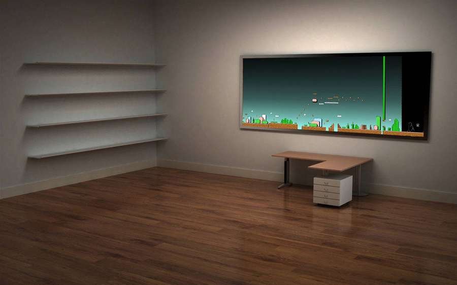 Ruang galeri minimalis dengan adegan game pixel-art di dinding dan meja kayu. — Shelf Wallpaper