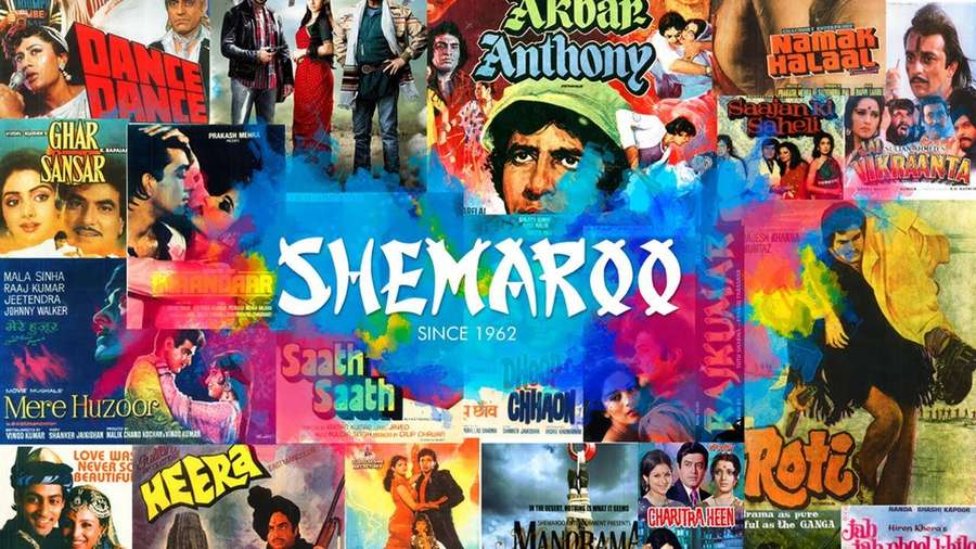 Colagem vintage de cartazes de filmes de Bollywood com atores e títulos. — Shemaroo Papéis de Parede