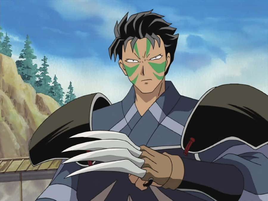 Anime warrior with green face paint holding a clawed weapon outdoors. — Shichinintai Wallpaper