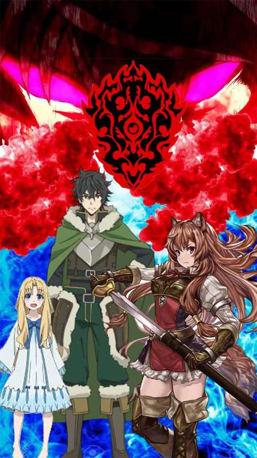 Drei Anime-Charaktere in Fantasy-Rüstung stehen vor einem roten dämonischen Wappen und Flammen. — Shield Hero Bilder