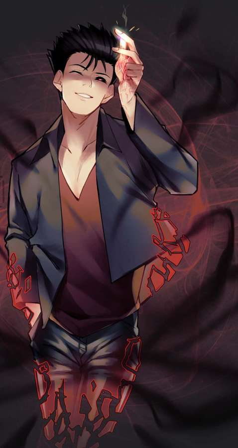 Anime man smiling while holding a lit cigarette with red energy effects around him. — Shinpachi Shimura Wallpaper