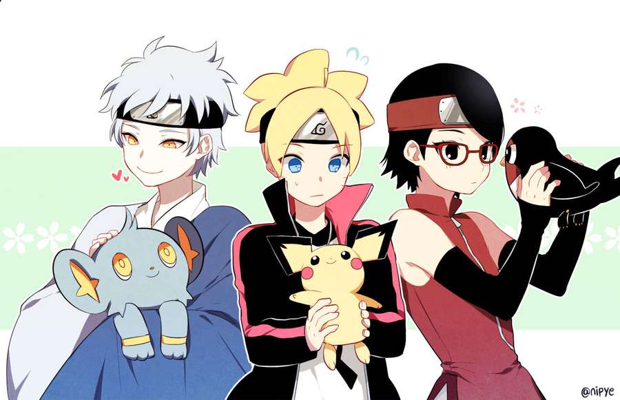 Drei Anime-Ninja-Figuren, die Pokémon-Plüschtiere mit einem floralen Hintergrund halten. — Shinx Bilder