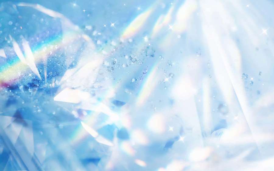 Shimmering blue crystal fragments refracting rainbow light with floating droplets. — Shiny Background