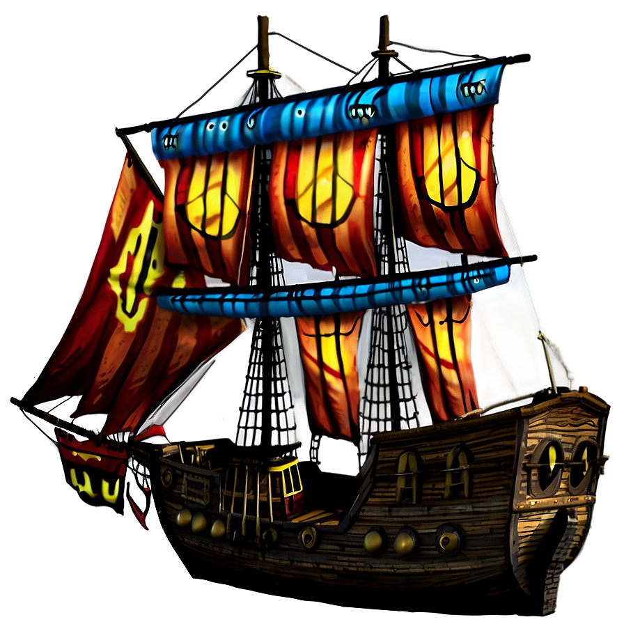 Ett tecknat piratskepp med glödande segel och träskrov mot en mörk bakgrund. — Shiplap bakgrund Bakgrunder