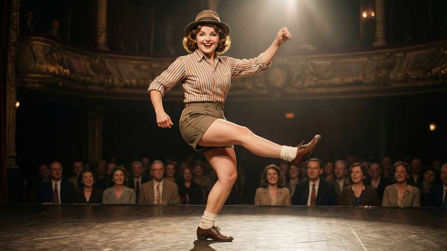 Shirley Temple tap dancing energetically on stage in a vintage theater. — Shirley Temple Background