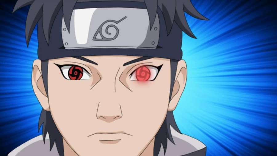 Anime-Ninja mit roten Augen und Stirnband vor blauem strahlenden Hintergrund. — Shisui Bilder