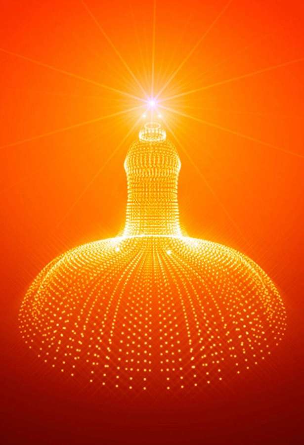 A glowing chandelier made of dots radiates light against an orange gradient. — Shiv Baba Background