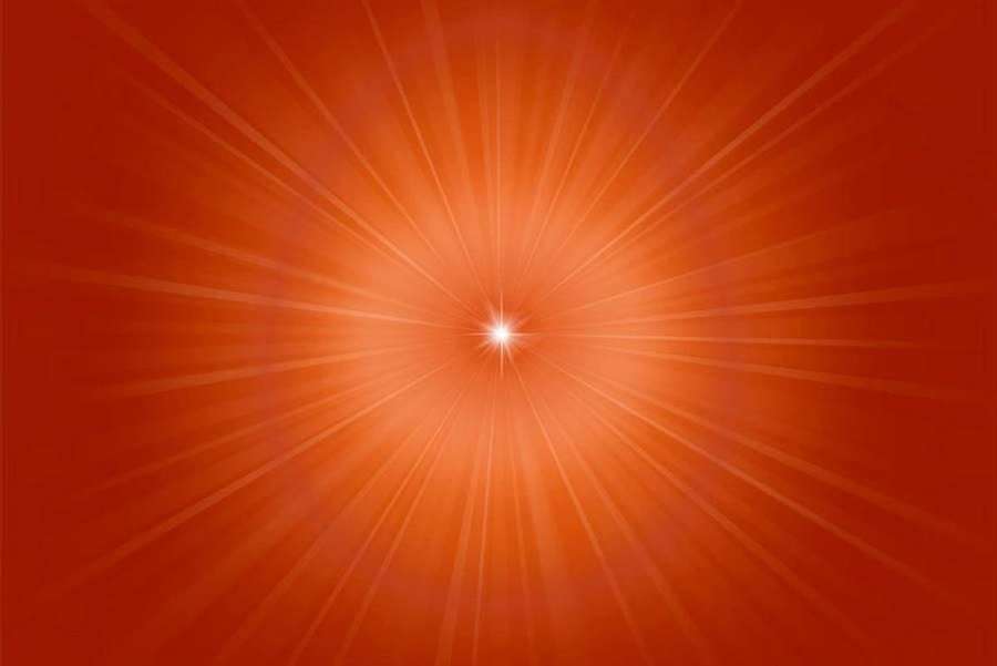 Ein glühender orangefarbener Starburst, der Lichtstrahlen über einen rotverlaufenden Hintergrund ausstrahlt. — Shiv Baba Wallpaper