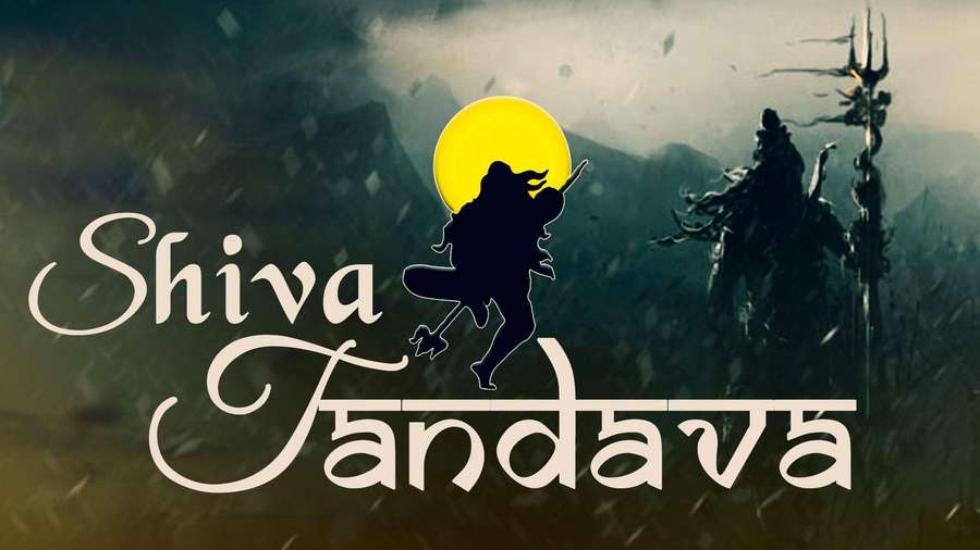 Shiva dancing with a trident deity in the background under a glowing moon. — Shiv Tandav Wallpaper