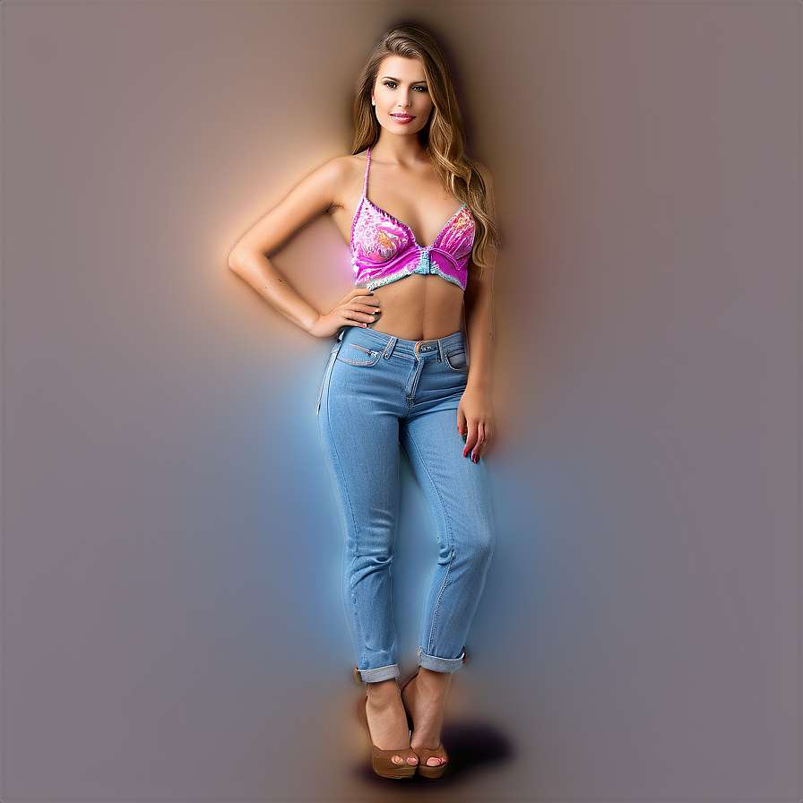 Woman in pink bra and jeans posing with hand on hip against gradient wall. — Shoot PNG
