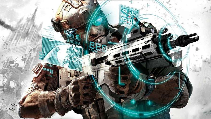 Soldier in futuristic armor aims rifle with glowing blue HUD in warzone. — Shooting Game Wallpaper