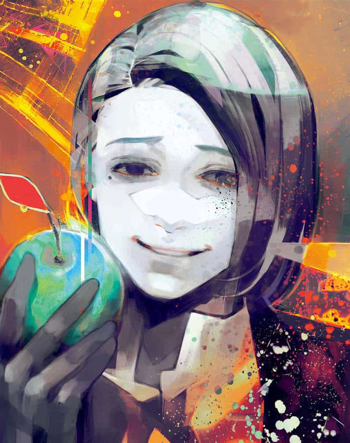 Anime girl holding a glowing green apple with colorful paint splatters in the background. — Shoya Ishida Wallpaper