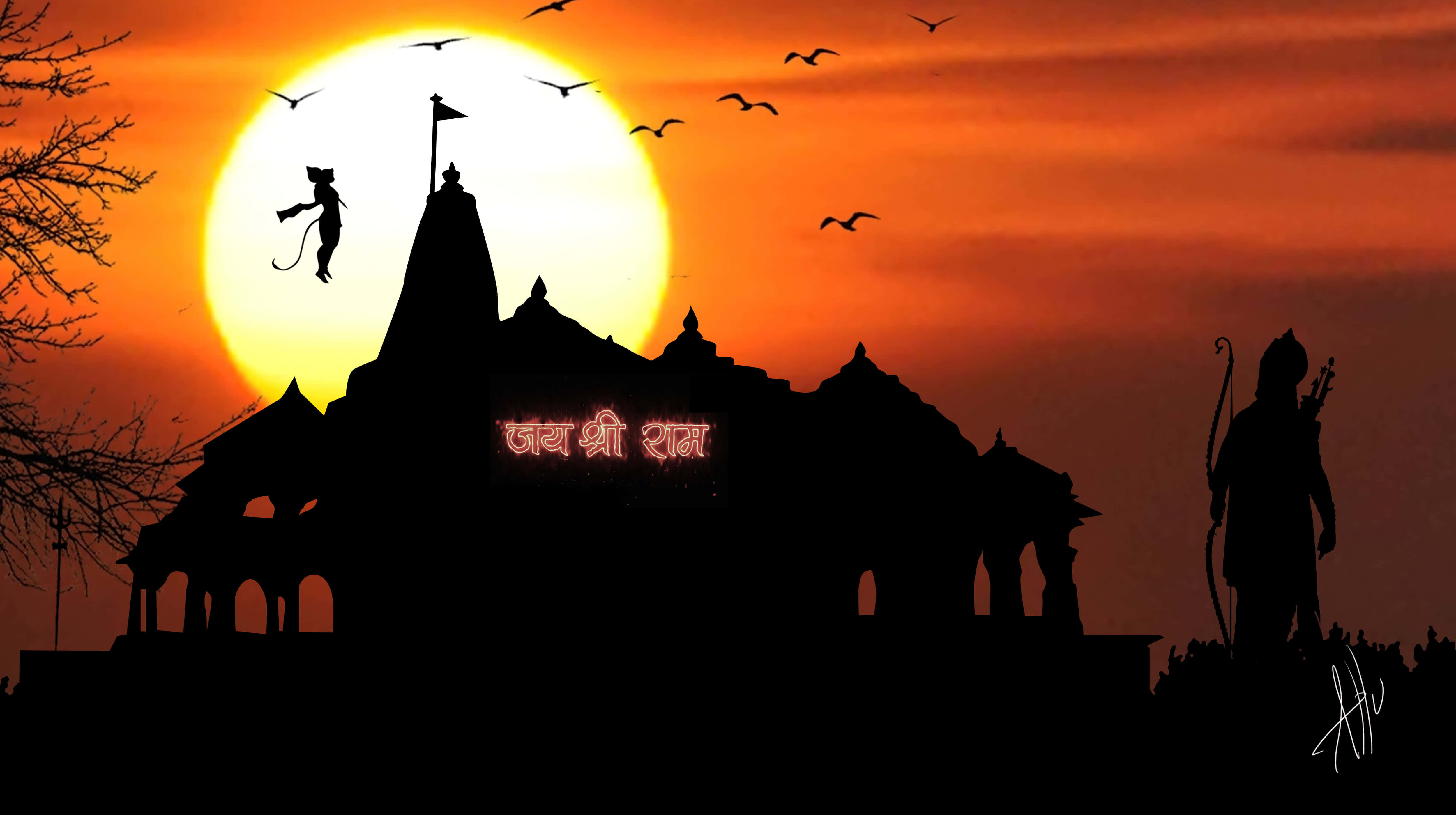 Temple and Ram statue silhouetted against a vibrant orange sunset with birds flying. — Shree Ram Wallpaper