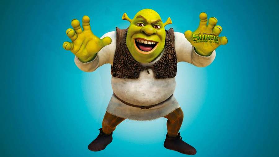 Shrek the ogre smiling with arms open wide against a blue background. — Shrek Background