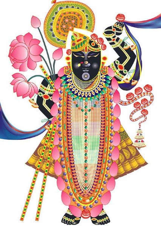 Black-skinned Hindu deity wearing ornate gold jewelry and holding pink lotus flowers. — Shrinathji Background