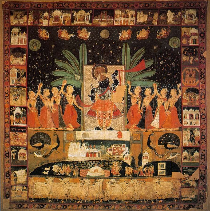 Traditional Indian miniature painting of a deity surrounded by dancers and architectural scenes. — Shrinathji Wallpaper