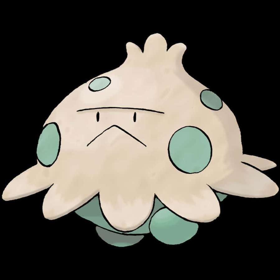A grumpy cream-colored Pokémon with teal spots and a black background. — Shroomish Wallpaper