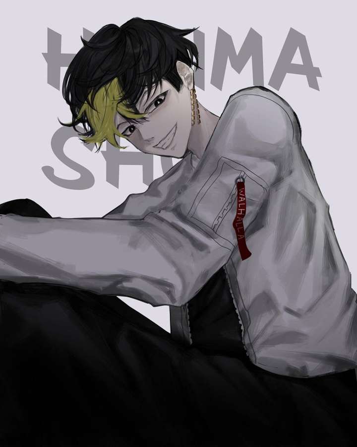 Anime character with black and yellow hair wearing a gray jacket with red tag. — Shuji Hanma Wallpaper