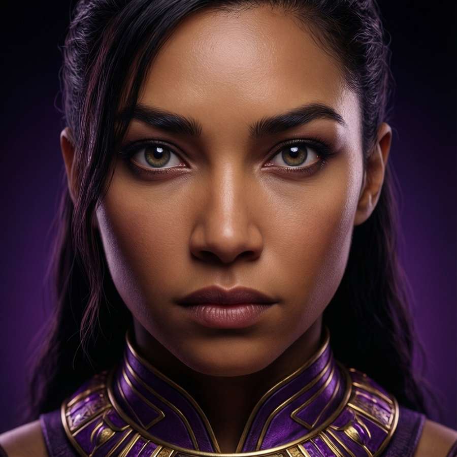 Close-up portrait of Shuri with purple gradient background. — Shuri Background
