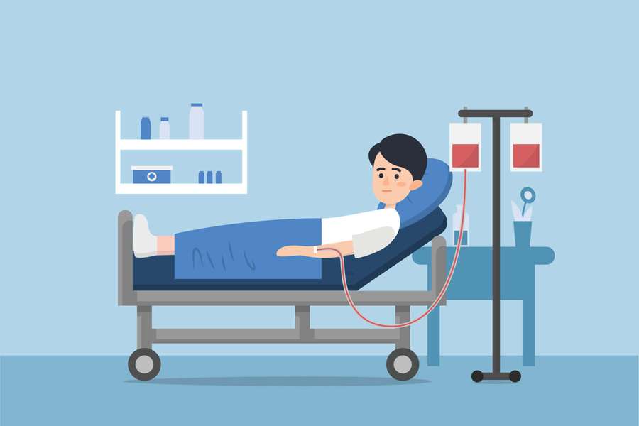 Man in hospital bed receiving blood transfusion with IV bags — Sick Background