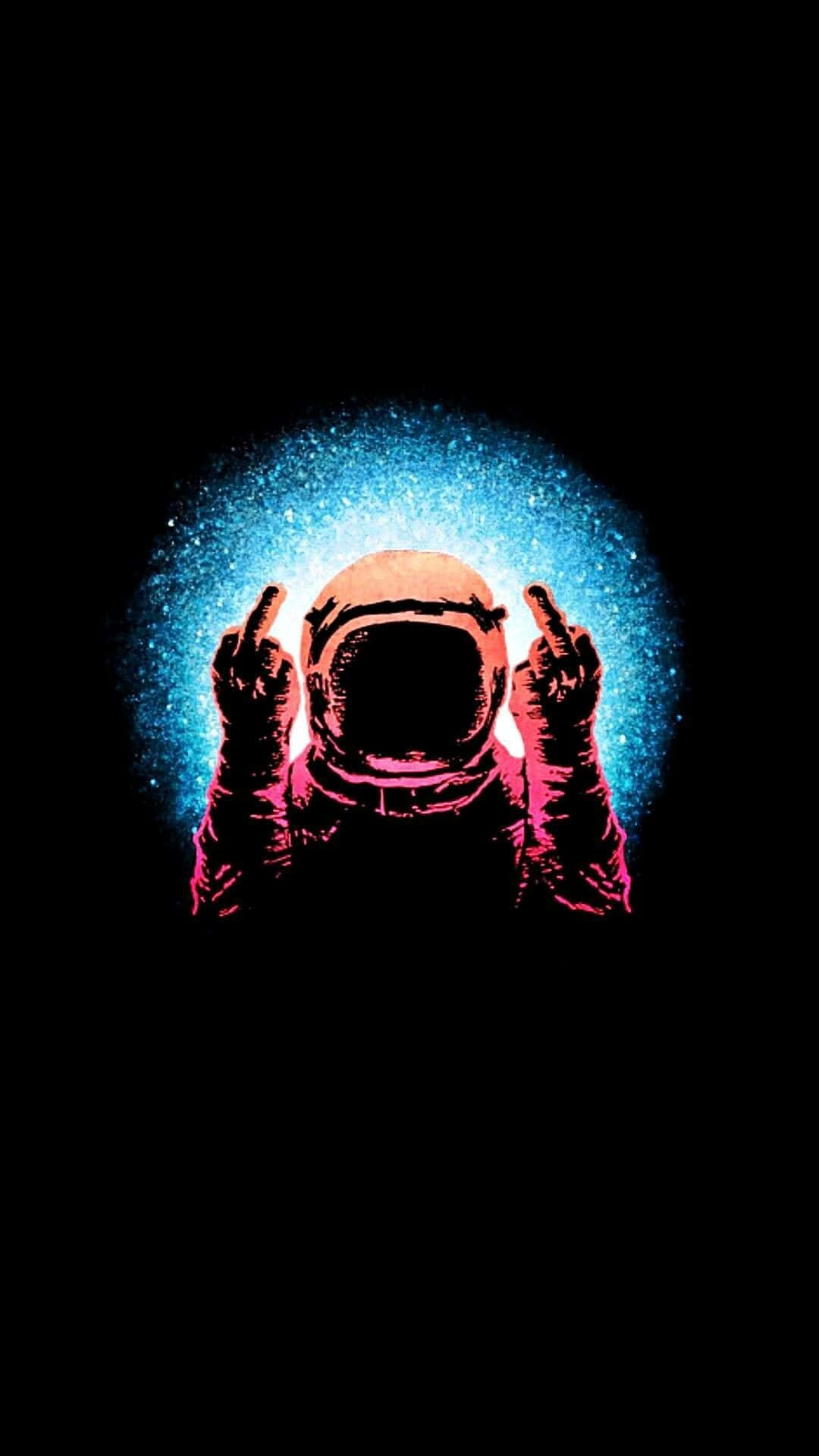 En rosa astronaut i rymden som gör en trotsig långfinger-gest. — Sjuk iPhone Bakgrundsbilder